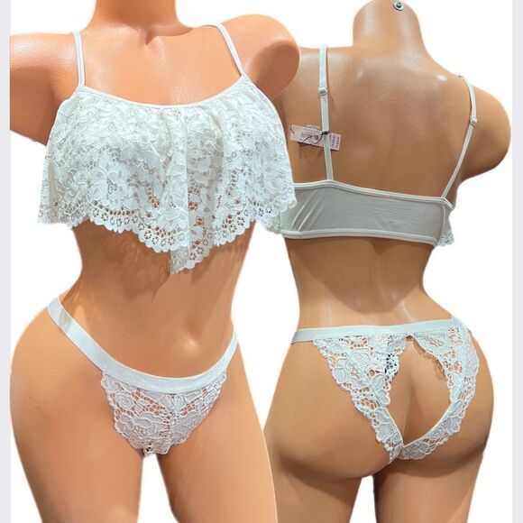 Victorias Secret Set Body Lace Ruffle bralette bra Peekaboo Cheekini panty L - Picture 1 of 7